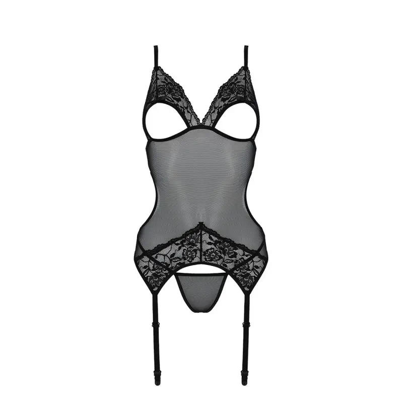 Корсет с подвязками и ажурным лифом Passion CHRISTA CORSET XXL/XXXL, black, стринги в комплекте