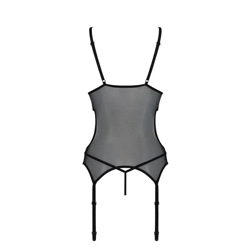 Корсет с подвязками и ажурным лифом Passion CHRISTA CORSET XXL/XXXL, black, стринги в комплекте