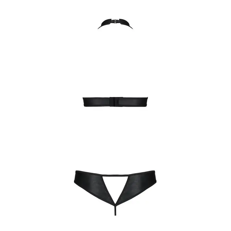 Комплект, открытый топ и трусики из эко-кожи с люверсами Passion MALWIA SET with Open Bra S/M, black