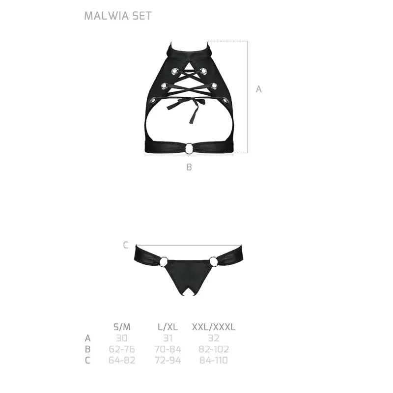 Комплект, открытый топ и трусики из эко-кожи с люверсами Passion MALWIA SET with Open Bra S/M, black
