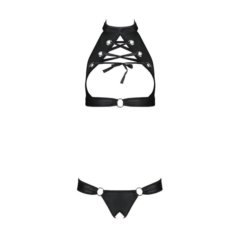 Комплект, открытый топ и трусики из эко-кожи с люверсами Passion MALWIA SET with Open Bra S/M, black