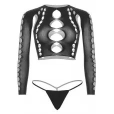 Комплект безшовної білизни Leg Avenue Long sleeve crop top & string Black, One Size, топ, стрінги