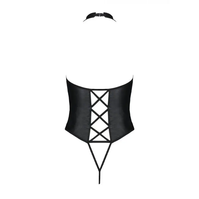 Боди из экокожи Passion NANCY BODY 4XL/5XL black, с имитацией шнуровки и открытым доступом
