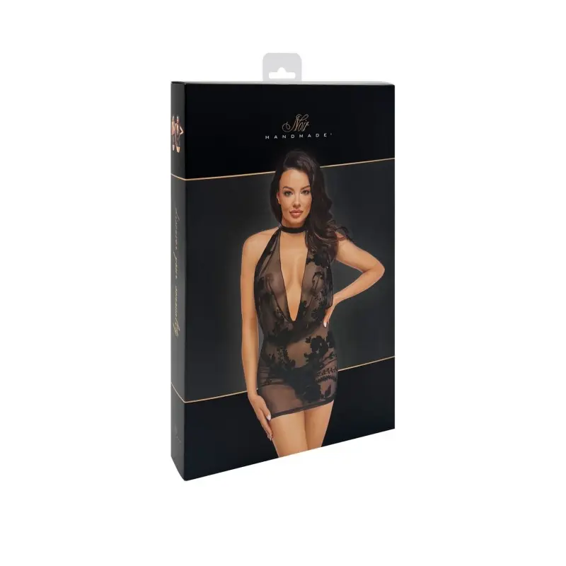 (SALE) Платье Noir Handmade F313 Mythos mini flocked mesh dress with jewelry rhinestone chain - M