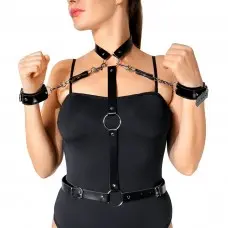 Женская портупея с наручниками Art of Sex - Ursula черная XS-2XL, экокожа