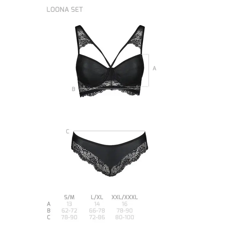 Комплект из эко-кожи с кружевом Passion LOONA SET L/XL, black, бра и трусики