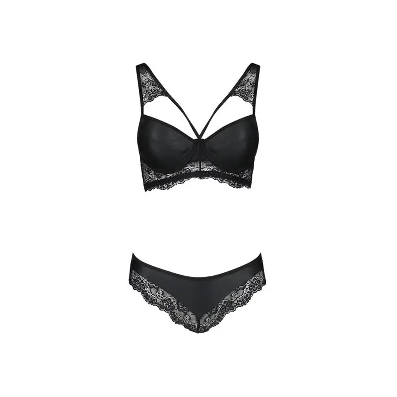 Комплект из эко-кожи с кружевом Passion LOONA SET L/XL, black, бра и трусики