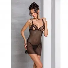 Сорочка з вирізами на грудях, стрінги Passion LOVELIA CHEMISE S/M, black