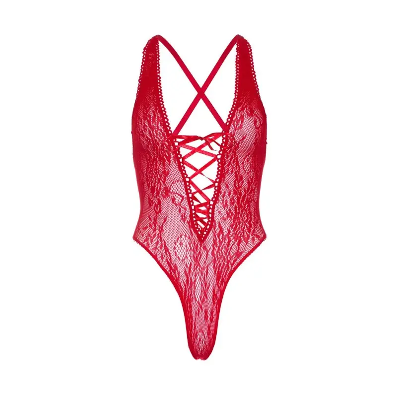 Кружевное боди Leg Avenue Floral lace thong teddy Red, шнуровка на груди, one size