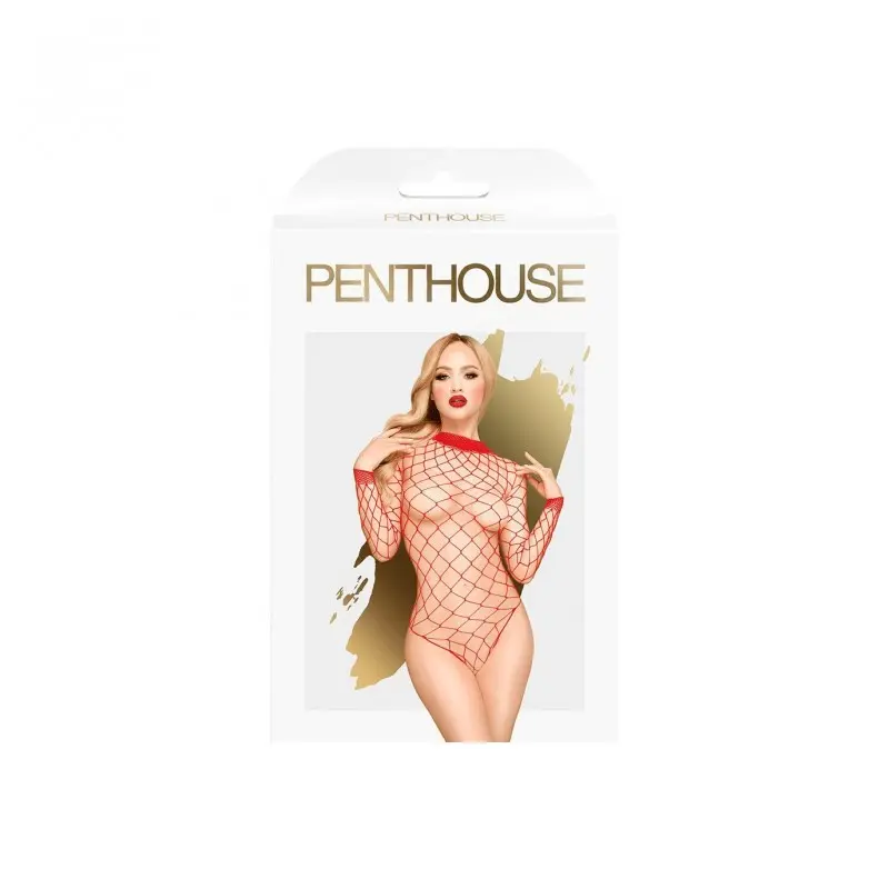 Боди Penthouse Scandalous XL Red, крупная сетка, высокий воротник, длинные рукава