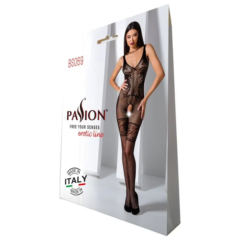 Бодистокинг Passion BS069 black, комбинезон, имитация чулок и боди