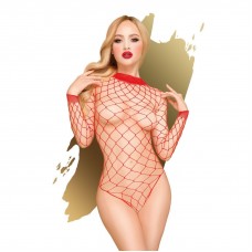 Боді Penthouse Scandalous S/L Red, велика сітка, високий комір, довгі рукави