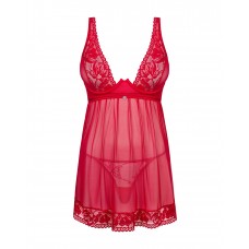 Прозора сорочка бебі-дол Obsessive Lacelove babydoll & thong XS/S Red, мереживо, стрінги