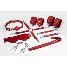 Набір Feral Feelings BDSM Kit 7 Red, наручники, поножі, конектор, маска, падл, кляп, затискачі