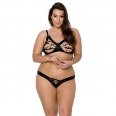 Комплект з екошкіри Passion CELINE BIKINI 4XL/5XL black, відкритий бра, стрінги зі шнурівкою