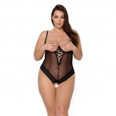 Боді Passion Exclusive NORTH BODY 4XL/5XL black, відкриті груди, з доступом, вініл та мережива