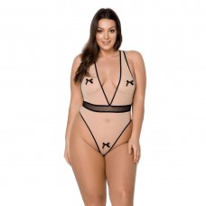 Боді Passion VIENA BODY 4XL/5XL, beige, контрастне, бантики, вставка-сітка, відкриті сідниці