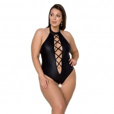 Боди из экокожи Passion NANCY BODY 4XL/5XL black, с имитацией шнуровки и открытым доступом