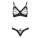 Комплект из экокожи Passion CELINE BIKINI L/XL, black, открытый бра с лентами, стринги со шнуровкой