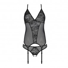 Корсет с пажами, трусики с ажурным декором и открытым шагом Passion URSULA CORSET L/XL, black